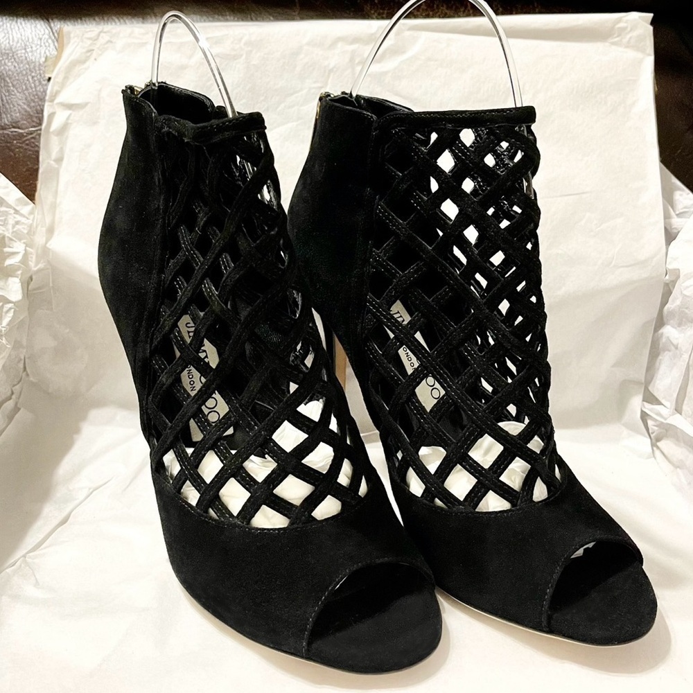 Jimmy Choo fishnet gladiator ankle peeptoe bootie Supple suede lthr blk EU37.5 - Picture 3 of 9